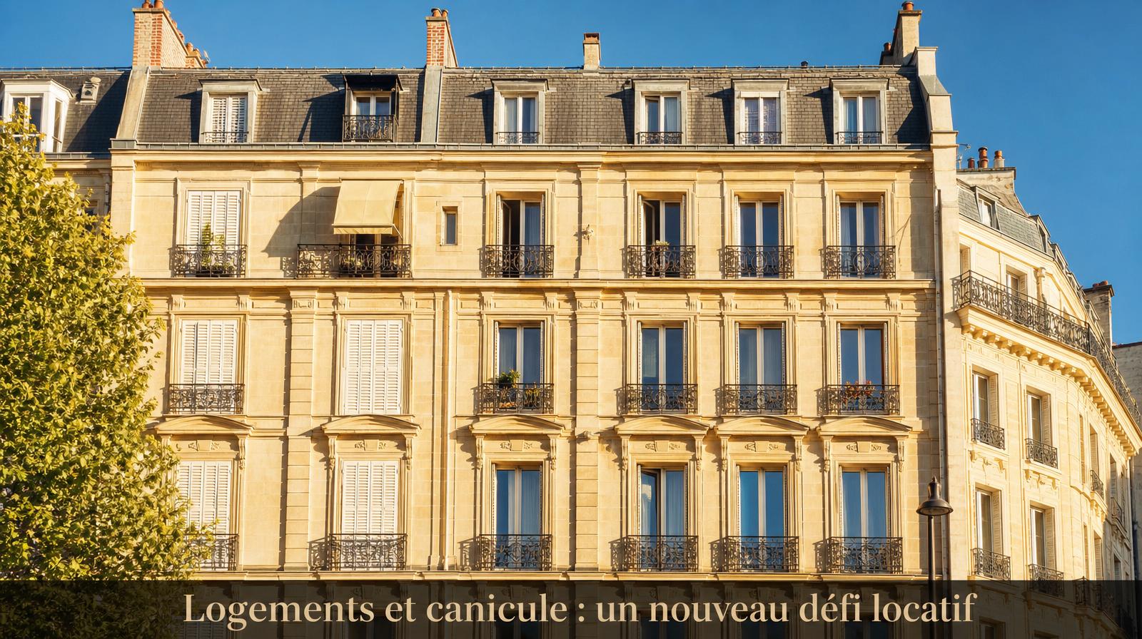 Immeuble haussmannien parisien en pleine canicule, certaines fenêtres avec volets fermés, d'autres sans protection