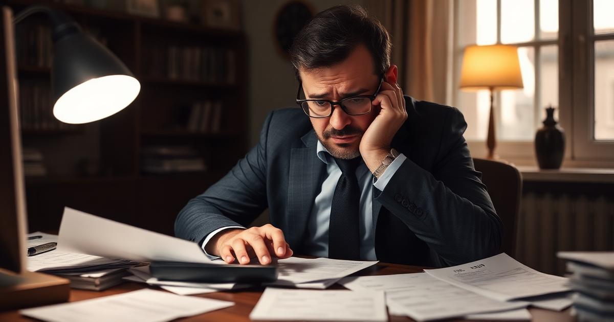 Propriétaire inquiet examinant des factures et impayés à son bureau